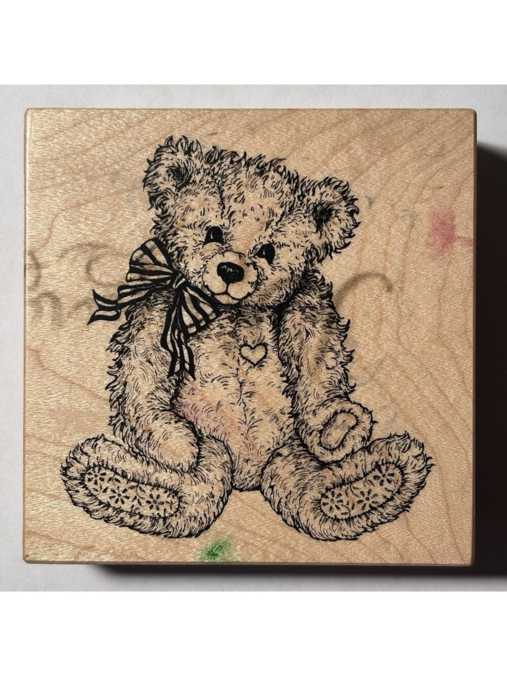 PSX Fuzzy Teddy Bear Wood Mounted Rubber Stamp Vintage 1995 USA Stuffed Animal